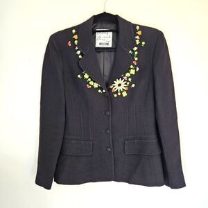 Vintage Moschino Flower Child Black Floral Tailored Embroidered Blazer Jacket 10